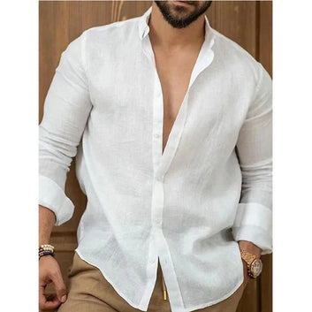 Men's Solid Cotton Linen Long Sleeve Shirt